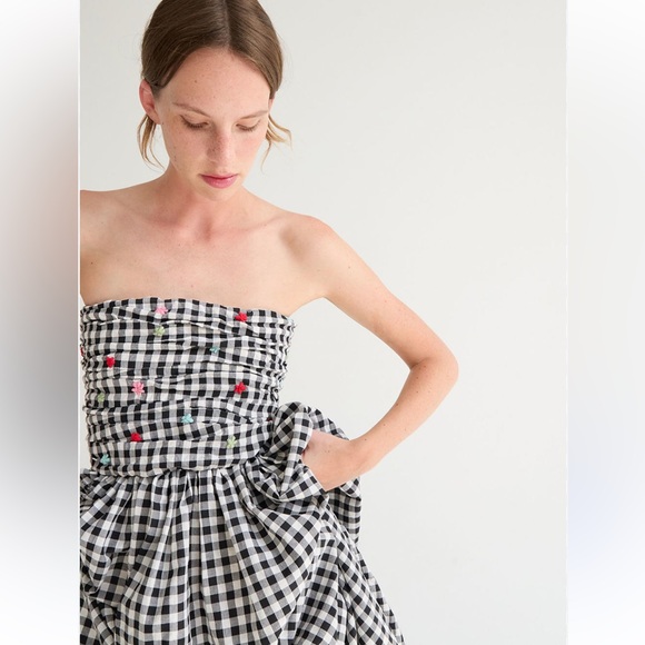 NWT XS Tach Black and White Gingham Dress embroidered flowers check plaid - Picture 3 of 10